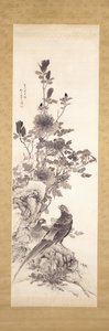 牡丹与金鸡（绢本水墨画） 作者 山本白津