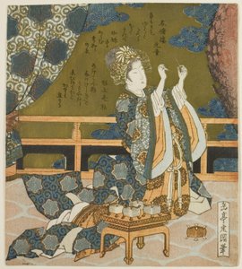两个中国女人在盒子里检查线和蜘蛛网，选自 "鼓组双连画 "系列 作者 矢岛学亭