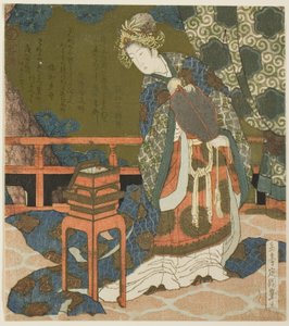 两个中国女人在盒子里检查线和蜘蛛网，选自 "鼓组双连画 "系列 作者 矢岛学亭