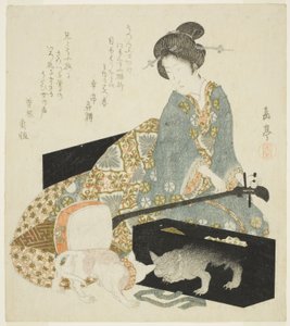 妇女与三味线和猫 作者 矢岛学亭