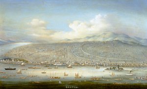 1865 年广州与沙面岛的景色，约 1880 年（木板油画） 作者 宜昌 宜昌