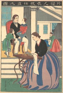 一个外国人做衣服的图片，1860年。