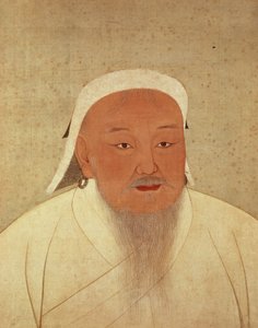 成吉思汗（c.1162-1227）的肖像，蒙古汗，帝王朝的创始人，元，使中国成为伟大的蒙古帝国（1260-1368）的中心，（墨水和wc丝绸，丝绸图案bord