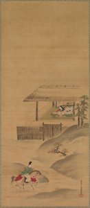 源中国拜访古吾夫人，挂轴三联画，1600 年代末（绢本设色）