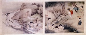 艺术核心：女人自己洗衣服、穿衣服，女人上厕所、自娱自乐。 Sin Yun Bok（或 Hyewon）的版画（生于 1758 年）。 亨弼春收藏 作者 云福仙