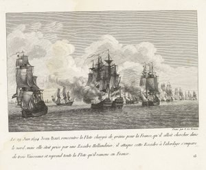 1694 年，让-巴特在荷兰的一个码头上遇见了运往法国的 Flote（......）。
1694 年 6 月 29 日，让-巴特遇到了满载粮食前往法国的 Flote 号（......），并夺回了他带回法国的所有 Flote 号（标题见实物）
让-巴特（Jean-Bart）的战斗记录，E