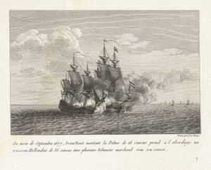 1677 年，让-巴特登上荷兰船队
1677 年 9 月，让-巴特驾驶 18 门炮的 Palme 号，登上了一艘 36 门炮的荷兰船，船队中还有几艘商船（标题见实物）
战斗记录
