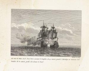 1678 年，让-巴特攻占荷兰自由港
1678 年 3 月，让-巴特驾驶配备 14 门大炮的 "多芬 "号，在特克塞尔附近的海岸警戒线上登上了一艘配备 32 门大炮的荷兰船只（标题见实物）
让-巴特的战斗记录，Es 主帅