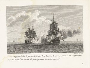 Jan Bart verovert een Spaans schip met 350 soldaten aan boord，1683 年
1683 年，西班牙向法国宣战，扬-巴特（Jan Bart）被委派指挥一艘护卫舰，他用这艘护卫舰俘获了一艘载有 350 名西班牙士兵的战舰（标题见图 1）。
