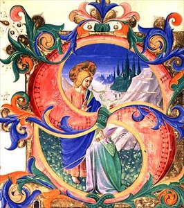 Missal 515 f.118r 历史性的首字母 "S"，描绘了基督对跪着的主教的祝福，边框由Filippo di Matteo Torelli (1409-68)从1449年之前执行的唱诗班书中照亮（牛皮纸）。