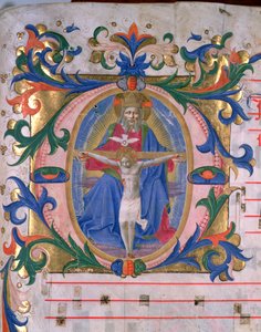 523页166r 历史性的首字母 "O "与三位一体，来自于约1446-60年的Missal（牛皮纸）。
