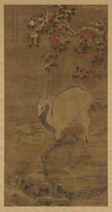 雄鹿、雌鹿和雪中的红色山茶花 作者 周元