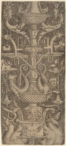 带有龙、面具和战争工具的装饰板，约1505年。