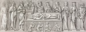 匈牙利公主伊丽莎白（1207-1231）墓上的浮雕，天主教圣徒，出自保罗-拉克鲁瓦的《中世纪的军事和宗教生活》，伦敦出版，约1880年 作者 费迪南德·乔治·沃尔德米勒