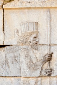 阿契美尼德的古代浮雕；手持长矛的波斯人；阿帕达纳宫上的不朽卫队士兵；考古遗址；波斯古城波斯波利斯；联合国教科文组织世界文化遗产；法尔斯省；伊朗；亚洲
