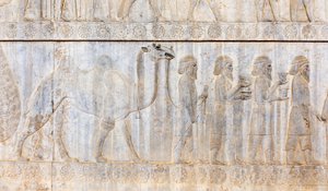 阿契美尼德王朝的古代浮雕；带骆驼的帕提亚人代表团；阿帕达纳宫；考古遗址；波斯古城波斯波利斯；联合国教科文组织世界遗产；法尔斯省；伊朗；亚洲