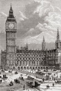 英国伦敦的大本钟和议会大厦，19世纪时在这里看到。 作者 . .