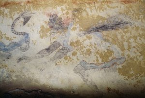 恶魔，壁画，蓝色恶魔之墓，塔尔基尼亚墓园（联合国教科文组织世界遗产名录，2004年），意大利拉齐奥，伊特鲁里亚文明，公元前5世纪（图片）。