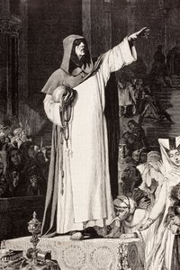吉罗拉莫-萨沃纳罗拉（1452-1498），意大利多明我会修士，宣扬反对不道德和奢侈，因为这将引诱罪恶，根据De Langemantels的作品，摘自《El Mundo Ilustrado》，巴塞罗那出版，约1880。 作者 费迪南德·乔治·沃尔德米勒