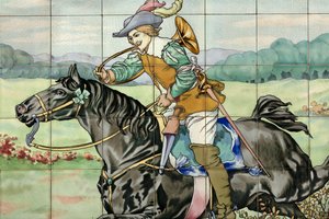 内景，瓷砖面板，画家Furcy Ernest Tondeur，执行者Boch Frères La Louvière，第二面板显示的是狩猎场景，骑手带着狩猎的号角飞奔。 作者 . .