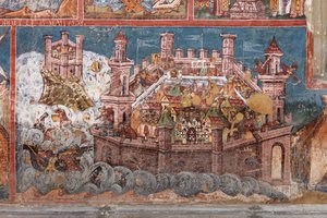 修道院（manastirea Moldovita）。教堂。外观。南部。左边部分。壁画。 作者 . .