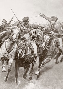 第一次世界大战期间，1914年8月，在东普鲁士的Korschen和Bartenstein之间，俄罗斯哥萨克和被称为Schwansfeld死亡轻骑兵的德国骑兵之间的骑战，来自La Esfera。 作者 费迪南德·乔治·沃尔德米勒