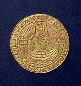 爱德华三世（1312-77）的贵族，正面显示国王在船上，加来铸币厂，介绍。1344 (金) (背面见: 110161) 作者 乔恩·埃伦森