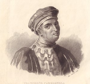 意大利军事领袖弗朗西斯科-达-布松（Francesco da Bussone）的肖像，又称卡马尼奥拉（Carmagnola）（1380-1432），E-西尔维斯特里的铜版画。 作者 塞维里尼