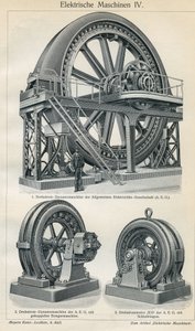代表三相电流的工业电机的科技板。插图来自 "Meyers Grosses Konversations - Lexikon" 1904年。莱比锡和维也纳文献研究所 作者 费迪南德·乔治·沃尔德米勒