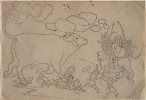 杜尔加与水牛魔王马希沙的对峙：Devi Mahatmya的场景，约1780年。 作者 Nainsukh之后的第一代大师