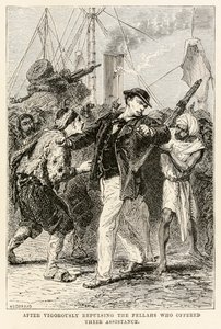 经过Jules Verne（1828-1905）的八十天环游世界，大力排斥提供援助的客户，1873年由Henri-ThéophileHildebrand（1824-1897）雕刻（雕刻） 作者 在Alphonse Marie de Neuville之后
