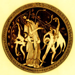 Dionysos和satyrs，来自JE Harrison和DS MacColl的希腊花瓶画的插图，1894年出版（数字增强图像）