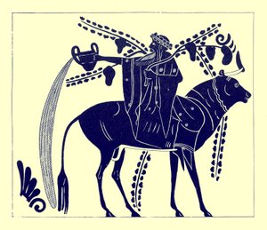 骑牛的Dionysus，JE Harrison和DS MacColl的希腊花瓶画插图，1894年出版（数字增强图像）