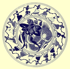 Herakles与Triton摔跤，JE Harrison和DS MacColl的希腊花瓶绘画插图，1894年出版（数字增强图像）