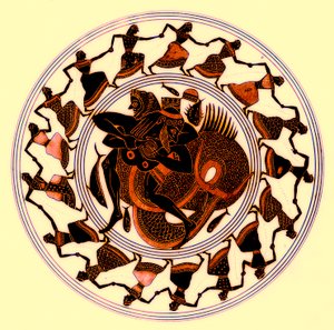 Herakles与Triton摔跤，JE Harrison和DS MacColl的希腊花瓶绘画插图，1894年出版（数字增强图像）