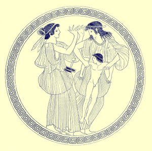 Prokne，Philomela和Itys，JE哈里森和DS MacColl的希腊花瓶绘画插图，1894年出版（数字增强图像）