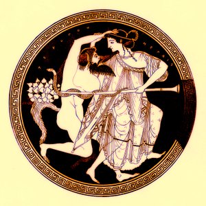 Satyr和Maenad，JE Harrison和DS MacColl的希腊花瓶绘画插图，1894年出版（数字增强图像）