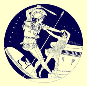 Troius的死亡，来自JE Harrison和DS MacColl的希腊花瓶画的插图，1894年出版（数字增强图像）