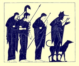 巴黎的审判，JE Harrison和DS MacColl的希腊花瓶绘画插图，1894年出版（数字增强图像）
