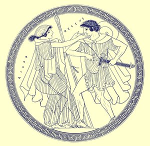 Theseus和Aethra，JE Harrison和DS MacColl的希腊花瓶绘画插图，1894年出版（数字增强图像）