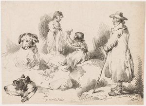 儿童研究（两个小女孩）；两只狗；一个男人 作者 J.哈里斯，杰拉德街，苏活区，伦敦
