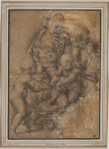 圣洁家庭与施洗约翰婴儿。取材于朱利奥-罗马诺的《加塔圣母》（Madonna della Gatta）。
