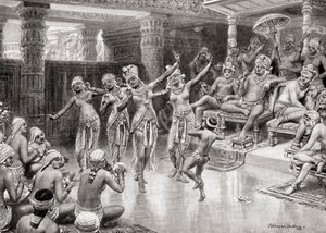 19世纪艺术家对Gautamiputra Satakarani的印象，庆祝他对Nahapana的胜利，来自Hutchinsons国家历史，pub.1915