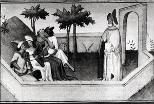 Ms 2810女士来自山区的老人如何在花园里接受追随者，来自Livre des Merveilles du Monde，c.1410-12 作者 和作坊Boucicaut Master