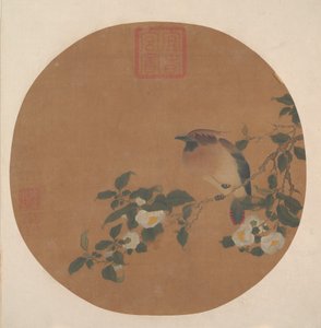 有花的树枝和腊翅科鸟类 作者 匿名的