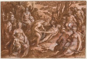 马西亚斯的剥皮》，约1570-1605。 作者 约翰内斯·斯特拉达努斯 Jan van der Straet