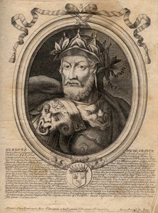 Merovee或Merovech Roi franc (v. 458) 梅罗文尼亚种族的第一任国王的肖像 - Merovech (Meroveus) (d.456) 萨利安法兰克国王的肖像 - 雕刻自《Les Augustes Representations de tous les Kings de France from Pharamond to LouisXIV》。