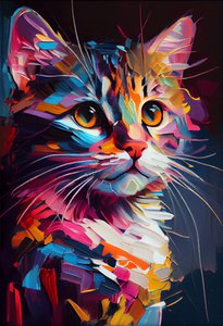 抽象派可爱猫咪绘画笔触，墙面艺术，按需打印