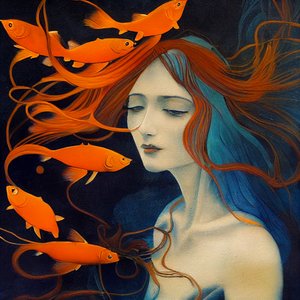 抽象画笔描边，美丽的女孩，海美人鱼，艺术印刷品