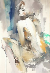 美丽的女人坐着，水彩画，壁画按需印刷